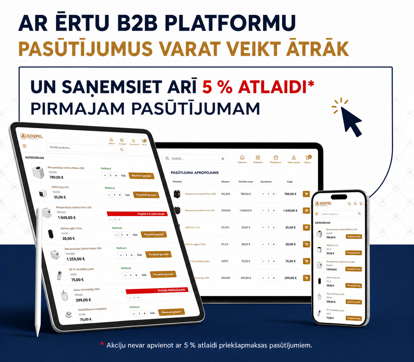 Dospel B2B platformas pasūtījumu banneris